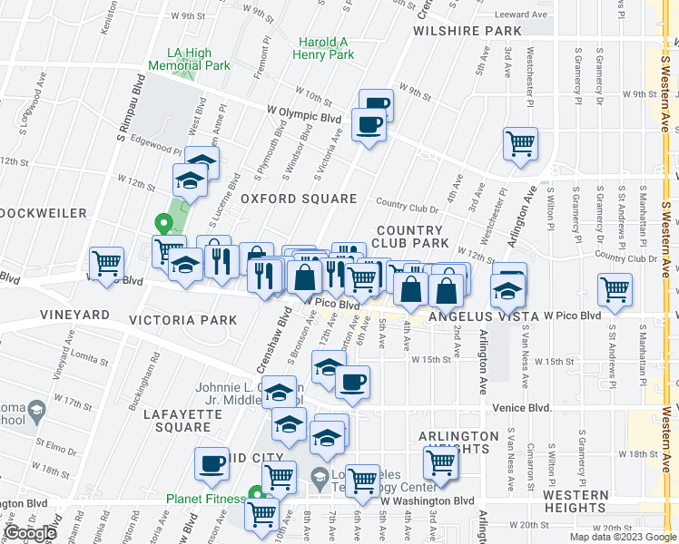 map of restaurants, bars, coffee shops, grocery stores, and more near 1234 South Bronson Avenue in Los Angeles