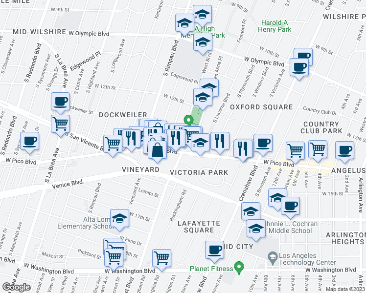 map of restaurants, bars, coffee shops, grocery stores, and more near 4505 West Pico Boulevard in Los Angeles