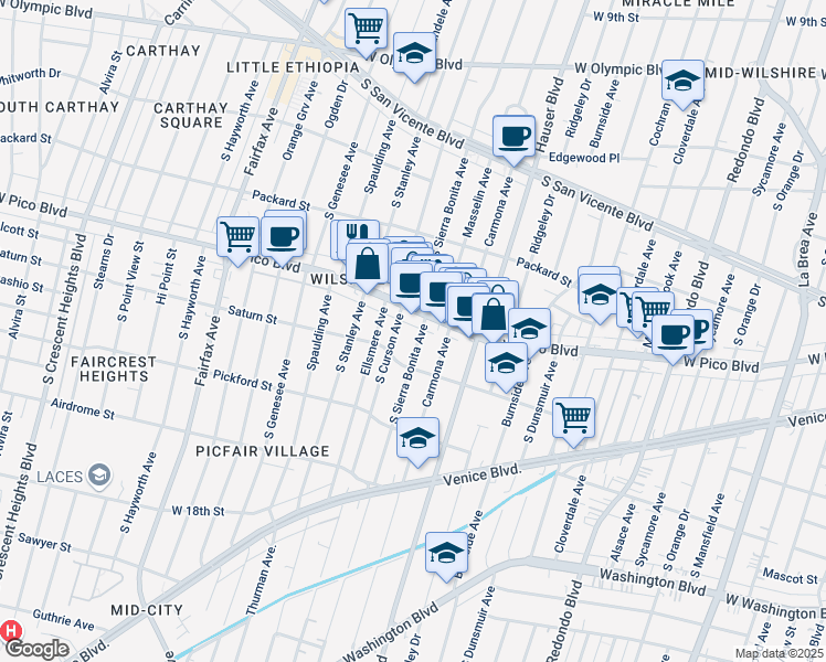 map of restaurants, bars, coffee shops, grocery stores, and more near 1426 South Sierra Bonita Avenue in Los Angeles