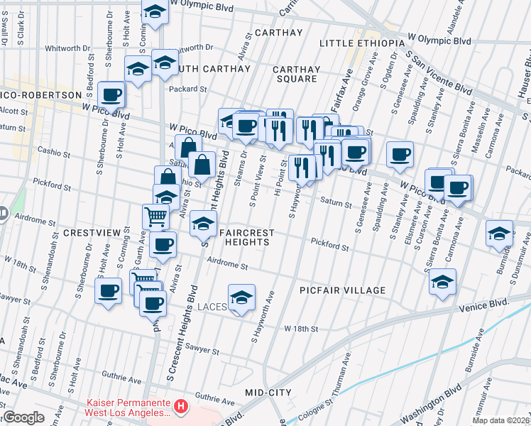 map of restaurants, bars, coffee shops, grocery stores, and more near 1550 Hi Point Street in Los Angeles