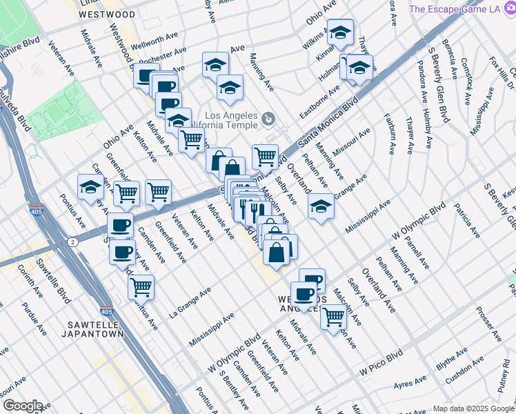map of restaurants, bars, coffee shops, grocery stores, and more near 1912 Glendon Avenue in Los Angeles