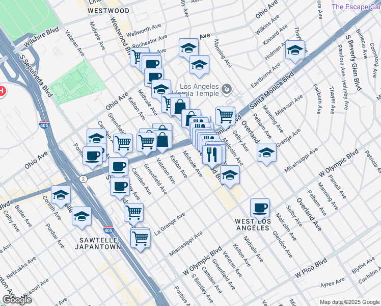 map of restaurants, bars, coffee shops, grocery stores, and more near 1844 Midvale Avenue in Los Angeles