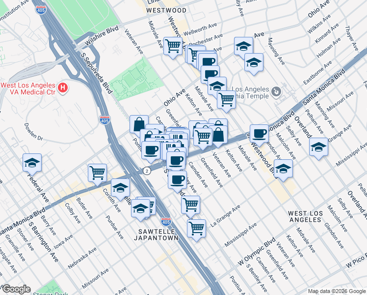map of restaurants, bars, coffee shops, grocery stores, and more near 11037 California 2 in Los Angeles