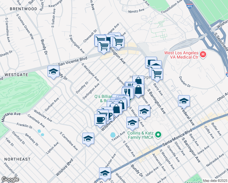 map of restaurants, bars, coffee shops, grocery stores, and more near 11848 Kiowa Avenue in Los Angeles