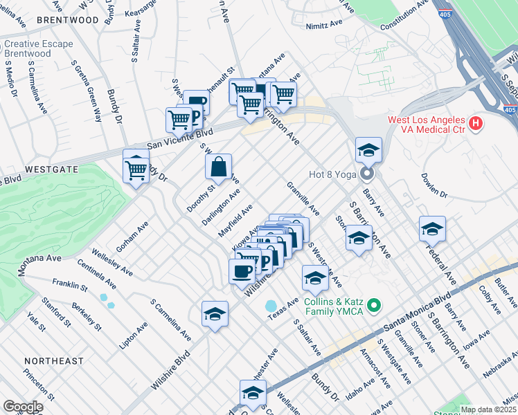 map of restaurants, bars, coffee shops, grocery stores, and more near 11924 Mayfield Avenue in Los Angeles