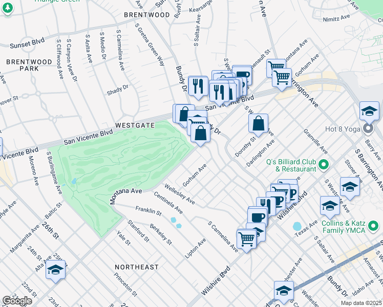 map of restaurants, bars, coffee shops, grocery stores, and more near 12240 Montana Avenue in Los Angeles