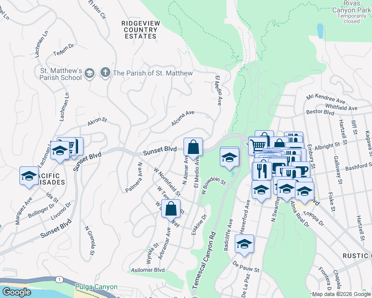 map of restaurants, bars, coffee shops, grocery stores, and more near 16000 Sunset Boulevard in Los Angeles