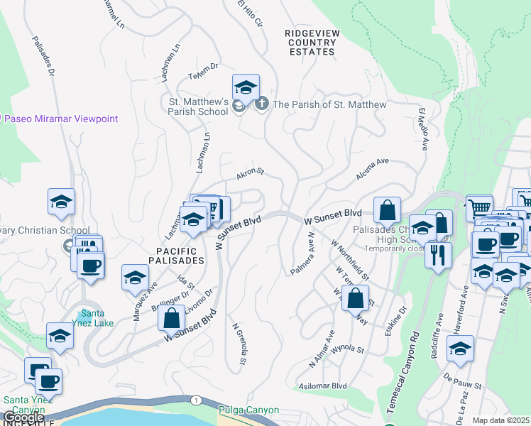 map of restaurants, bars, coffee shops, grocery stores, and more near 16450 Sunset Boulevard in Los Angeles