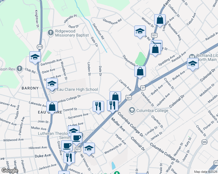 map of restaurants, bars, coffee shops, grocery stores, and more near 1020 Barton Street in Columbia