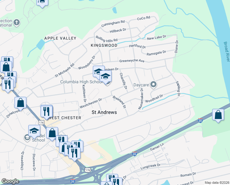 map of restaurants, bars, coffee shops, grocery stores, and more near 1805 Chandler Avenue in Columbia