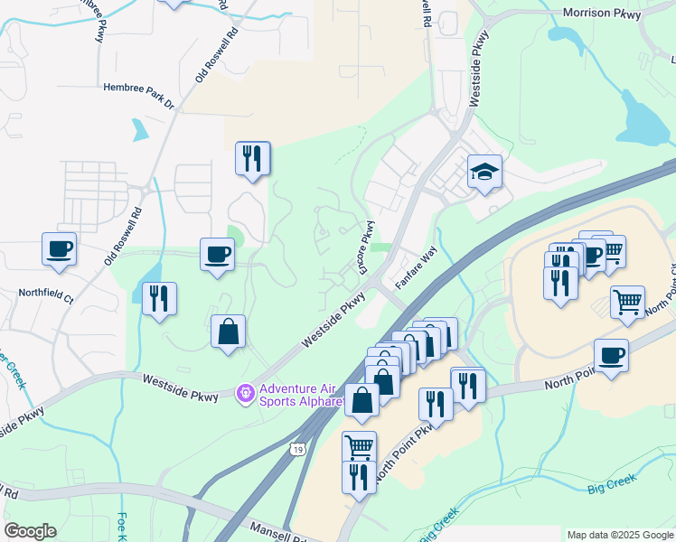 map of restaurants, bars, coffee shops, grocery stores, and more near 204 Arpeggio Way in Alpharetta