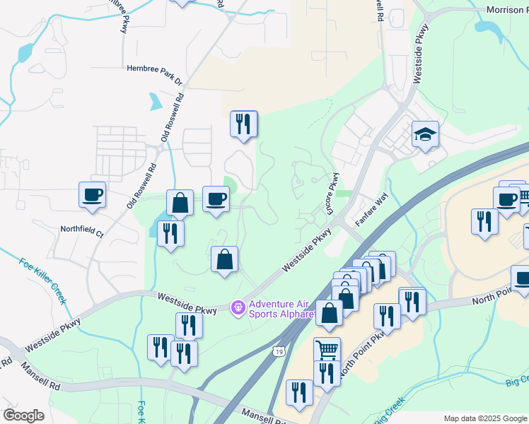 map of restaurants, bars, coffee shops, grocery stores, and more near 1125 Sanctuary Parkway in Alpharetta