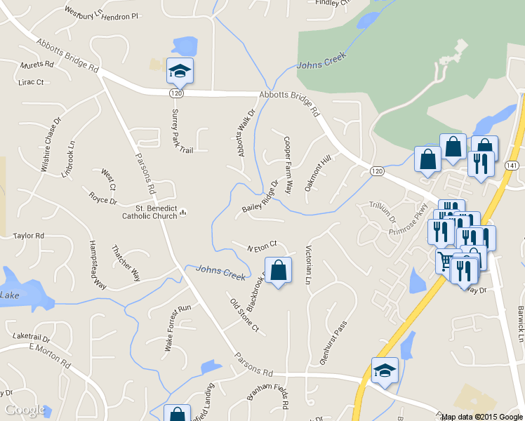 map of restaurants, bars, coffee shops, grocery stores, and more near 5810 Bailey Ridge Court in Duluth