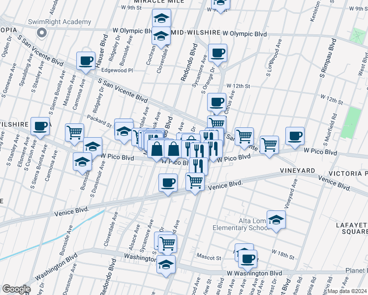 map of restaurants, bars, coffee shops, grocery stores, and more near 1373 South Orange Drive in Los Angeles