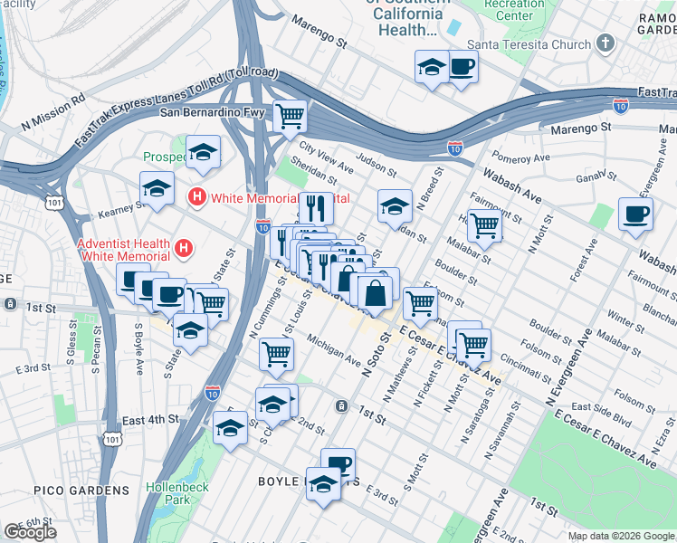 map of restaurants, bars, coffee shops, grocery stores, and more near 327 North Chicago Street in Los Angeles