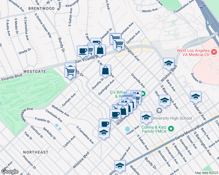 map of restaurants, bars, coffee shops, grocery stores, and more near 11942 Darlington Avenue in Los Angeles