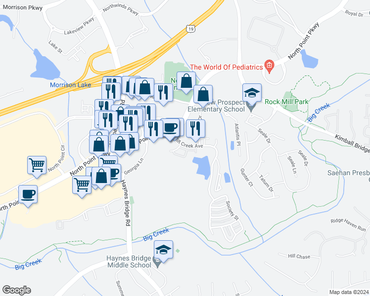 map of restaurants, bars, coffee shops, grocery stores, and more near 2722 Wander Lane in Alpharetta