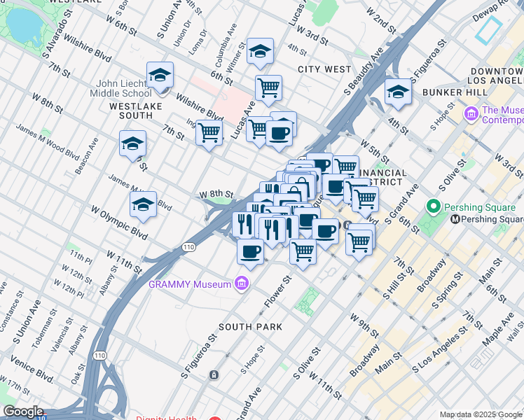 map of restaurants, bars, coffee shops, grocery stores, and more near 801 Francisco Street in Los Angeles