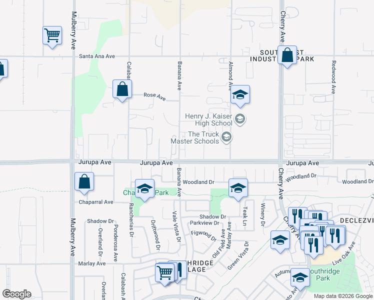 map of restaurants, bars, coffee shops, grocery stores, and more near 14166 Jurupa Avenue in Fontana