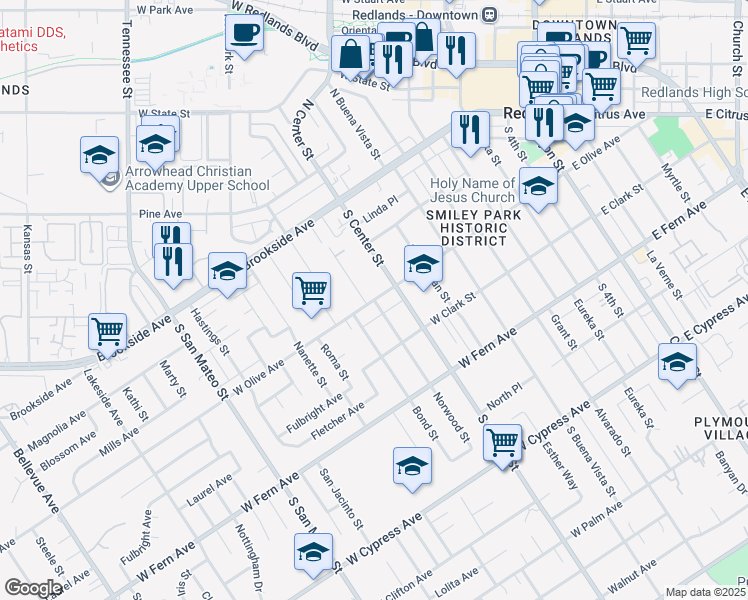 map of restaurants, bars, coffee shops, grocery stores, and more near West Olive Avenue & Norwood Street in Redlands