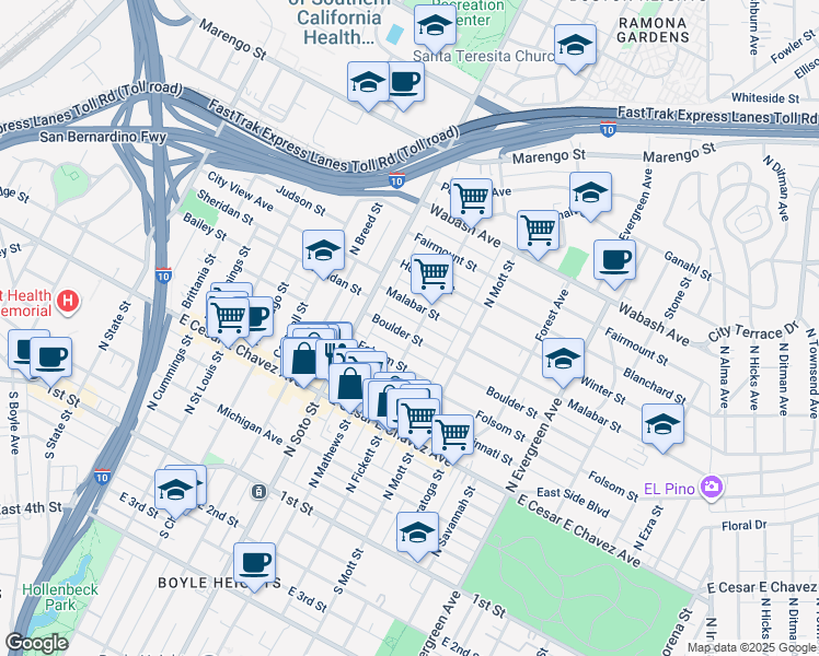map of restaurants, bars, coffee shops, grocery stores, and more near 2451 Boulder Street in Los Angeles