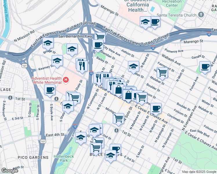 map of restaurants, bars, coffee shops, grocery stores, and more near 509 North Saint Louis Street in Los Angeles