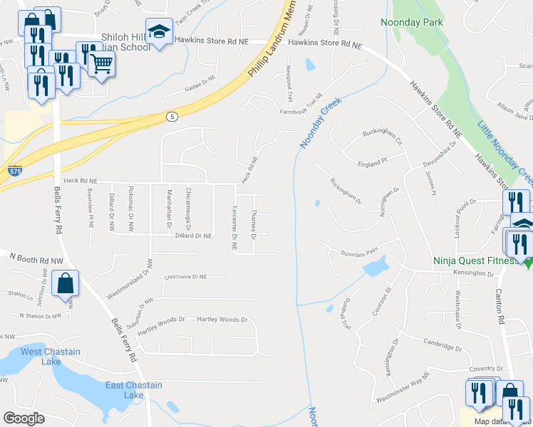map of restaurants, bars, coffee shops, grocery stores, and more near 162 Hyde Park Court in Kennesaw