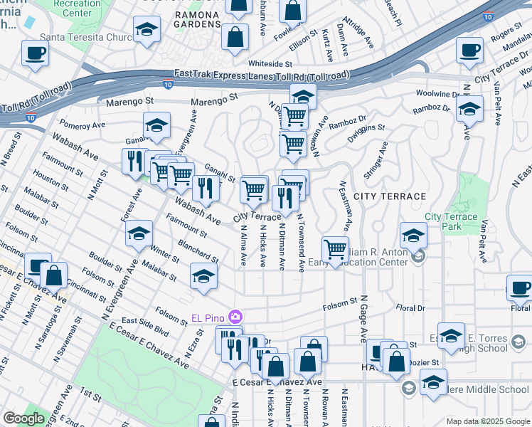 map of restaurants, bars, coffee shops, grocery stores, and more near 3259 City Terrace Drive in Los Angeles