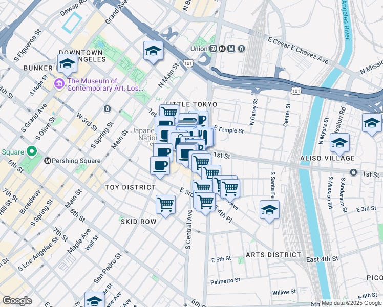 map of restaurants, bars, coffee shops, grocery stores, and more near 121 South Central Avenue in Los Angeles
