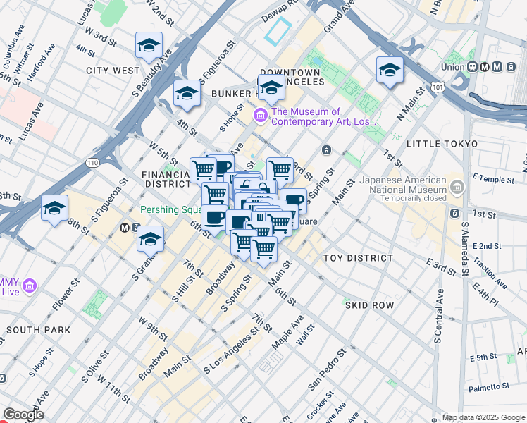 map of restaurants, bars, coffee shops, grocery stores, and more near 315 West 5th Street in Los Angeles