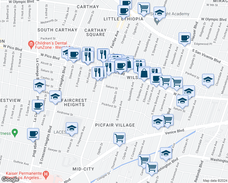 map of restaurants, bars, coffee shops, grocery stores, and more near 1515 South Ogden Drive in Los Angeles