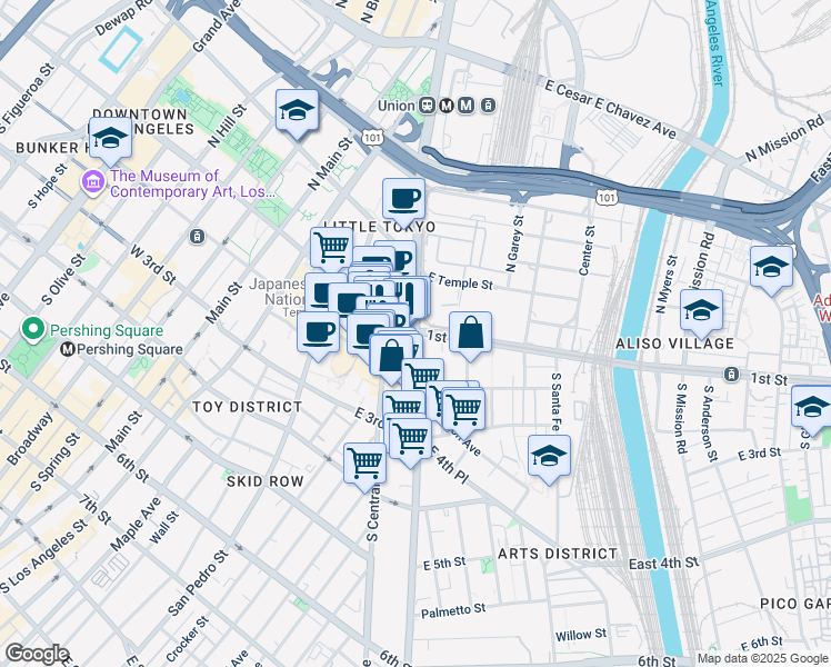 map of restaurants, bars, coffee shops, grocery stores, and more near 100 Alameda Street in Los Angeles