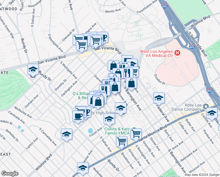 map of restaurants, bars, coffee shops, grocery stores, and more near 1160 Granville Avenue in Los Angeles