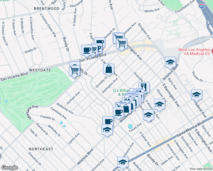 map of restaurants, bars, coffee shops, grocery stores, and more near 11961 Darlington Avenue in Los Angeles