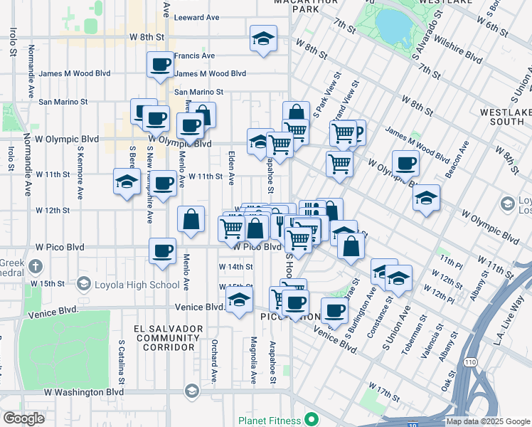 map of restaurants, bars, coffee shops, grocery stores, and more near 1221 Arapahoe Street in Los Angeles