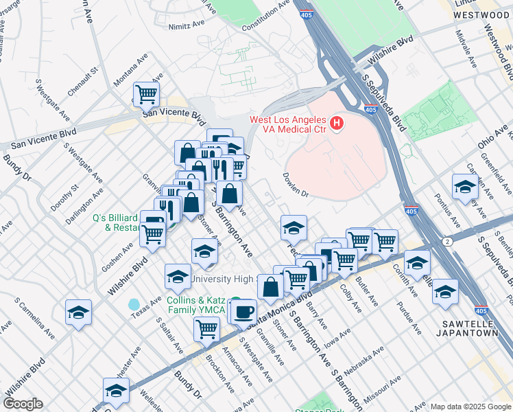 map of restaurants, bars, coffee shops, grocery stores, and more near 1281 Federal Avenue in Los Angeles