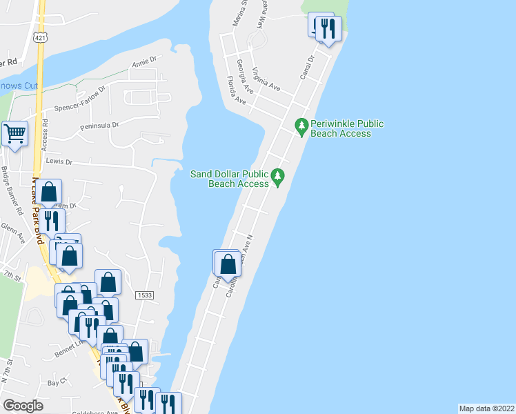 map of restaurants, bars, coffee shops, grocery stores, and more near 1201 Carolina Beach Avenue North in Carolina Beach