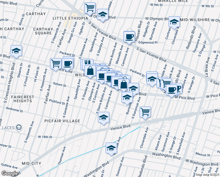 map of restaurants, bars, coffee shops, grocery stores, and more near 5508 West Pico Boulevard in Los Angeles