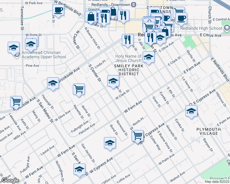 map of restaurants, bars, coffee shops, grocery stores, and more near 645 West Olive Avenue in Redlands