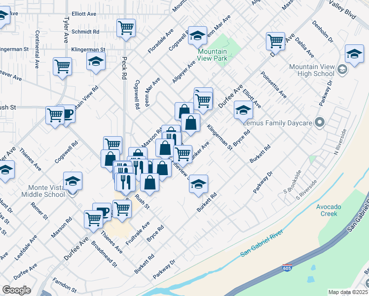 map of restaurants, bars, coffee shops, grocery stores, and more near 2218 Durfee Avenue in El Monte