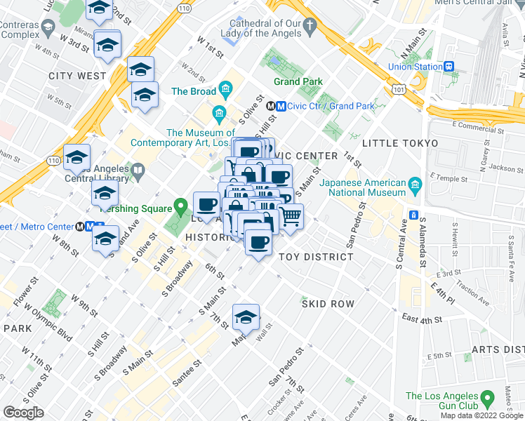 map of restaurants, bars, coffee shops, grocery stores, and more near 120 West 4th Street in Los Angeles