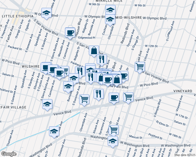 map of restaurants, bars, coffee shops, grocery stores, and more near 1358 Cloverdale Avenue in Los Angeles