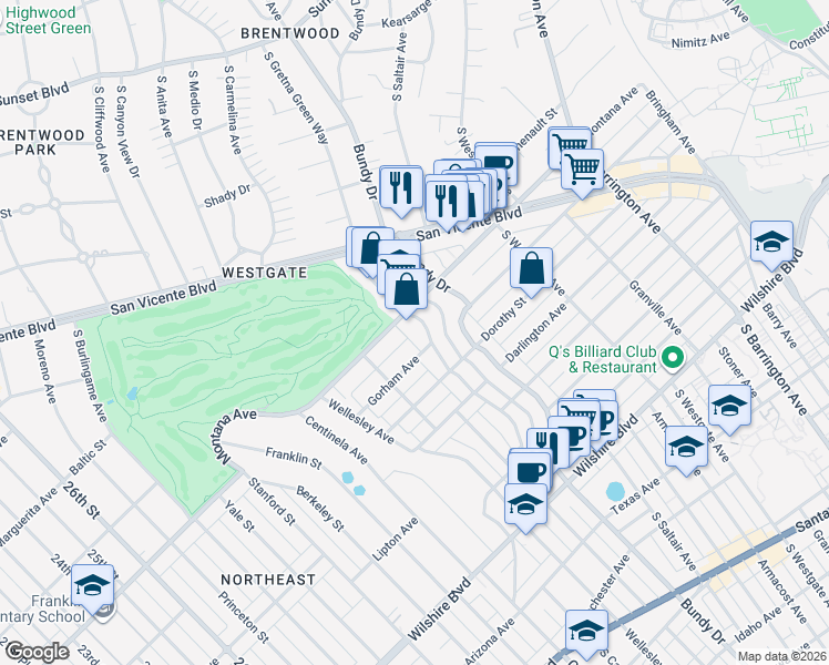 map of restaurants, bars, coffee shops, grocery stores, and more near 825 South Gretna Green Way in Los Angeles