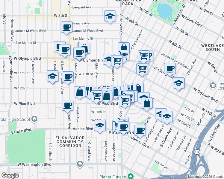 map of restaurants, bars, coffee shops, grocery stores, and more near 1203 Arapahoe Street in Los Angeles