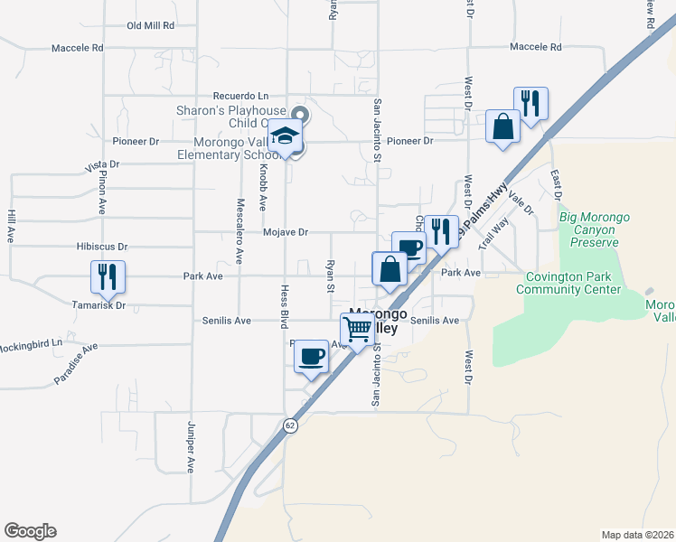 map of restaurants, bars, coffee shops, grocery stores, and more near 49624 Park Avenue in Morongo Valley