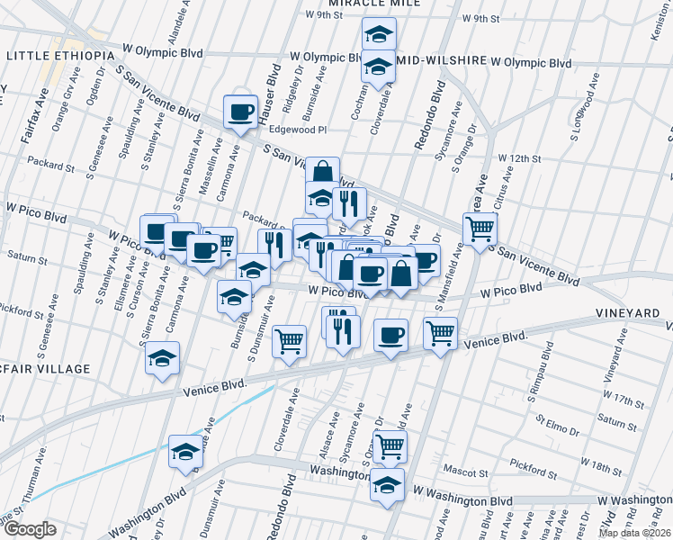 map of restaurants, bars, coffee shops, grocery stores, and more near 1358 Cloverdale Avenue in Los Angeles