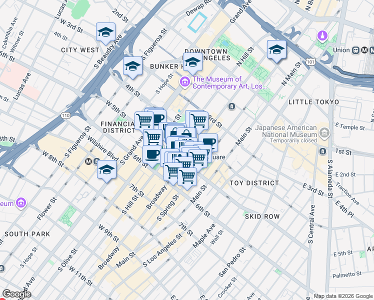 map of restaurants, bars, coffee shops, grocery stores, and more near 215 West 5th Street in Los Angeles