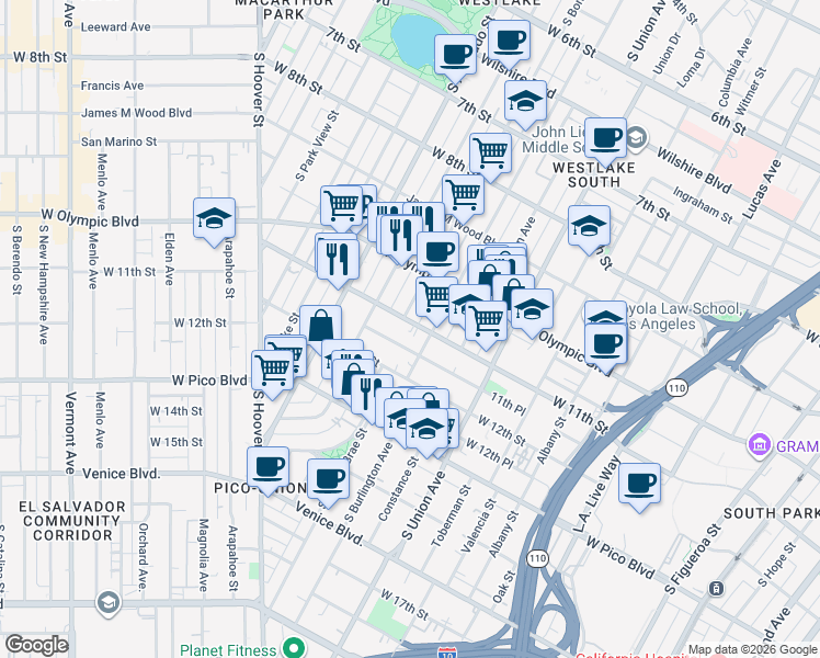map of restaurants, bars, coffee shops, grocery stores, and more near 1820 West 11th Street in Los Angeles