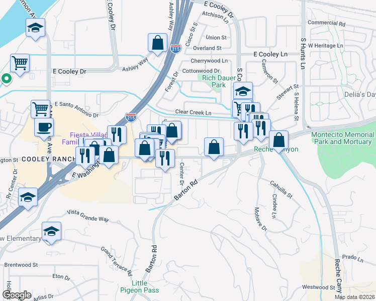 map of restaurants, bars, coffee shops, grocery stores, and more near 1770 East Washington Street in Grand Terrace