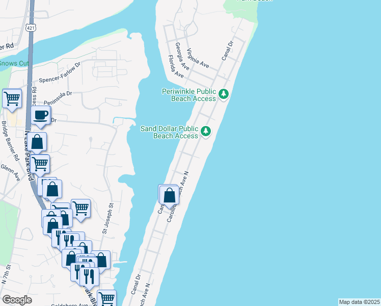 map of restaurants, bars, coffee shops, grocery stores, and more near 1116 Carolina Beach Avenue North in Carolina Beach
